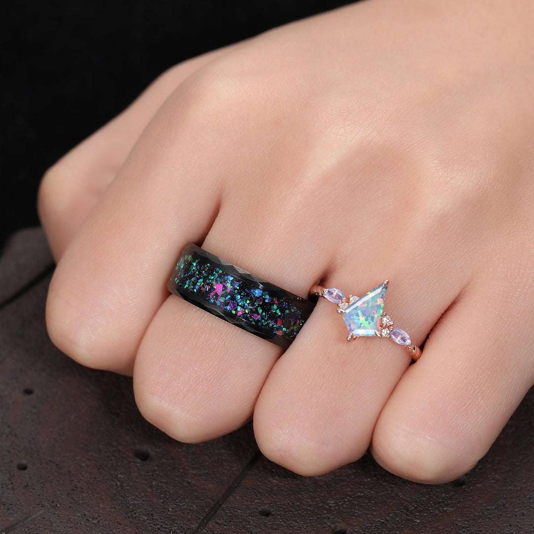 Antique Kite Pink White Opal Crab Nebula Couples Ring Set His and Her Tungsten Wedding Band Silver Amethyst Outer Space Ring - Esdomera