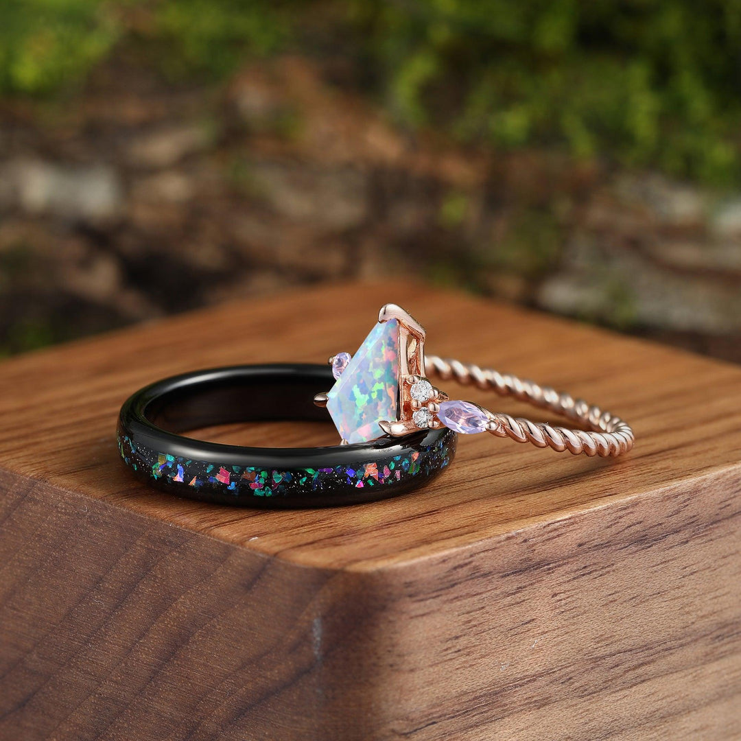 Antique Kite Pink White Opal Crab Nebula Couples Ring Set His and Her Tungsten Wedding Band Silver Amethyst Outer Space Ring - Esdomera