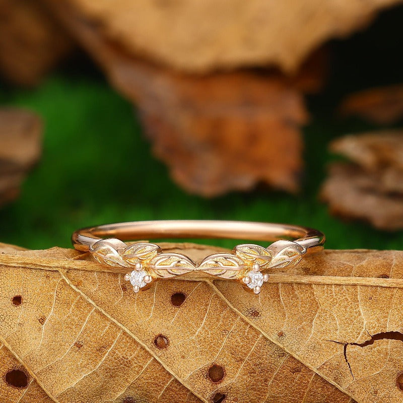 Antique Leaf Promise Ring Unique 14k Rose Gold Stacking Ring Matching Ring Wedding Band - Esdomera