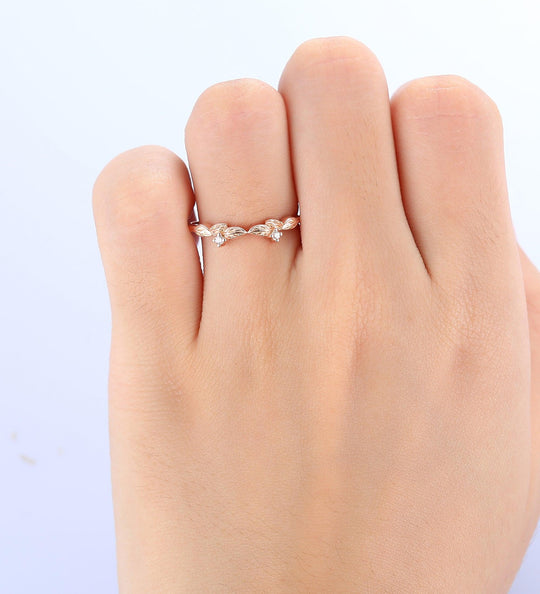 Antique Leaf Promise Ring Unique 14k Rose Gold Stacking Ring Matching Ring Wedding Band - Esdomera