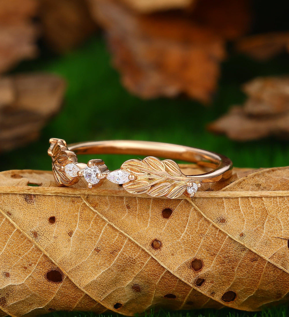 antique leaf unique 14k rose gold stacking matching promise wedding ring - Esdomera