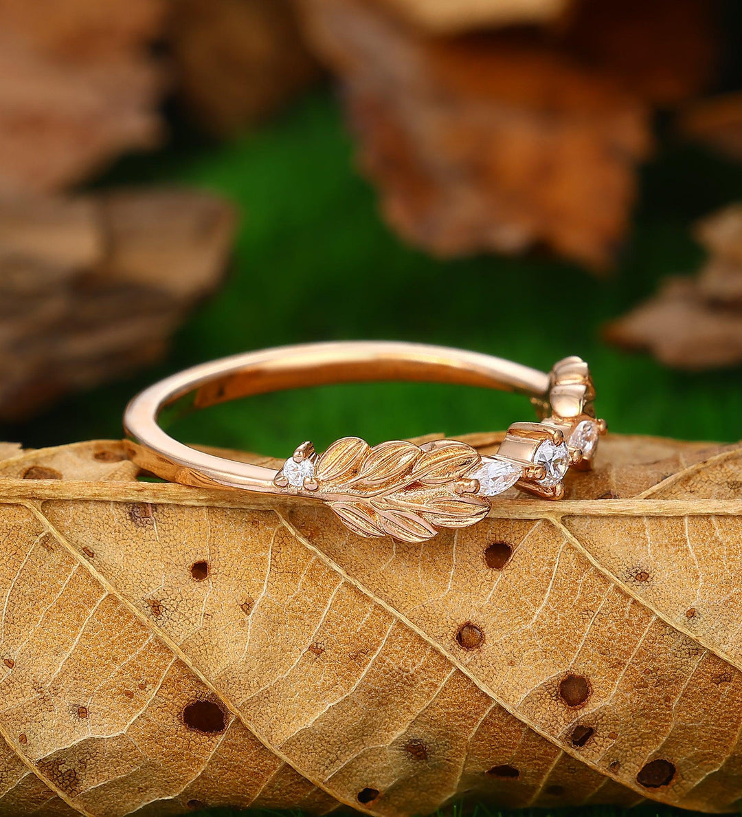 antique leaf unique 14k rose gold stacking matching promise wedding ring - Esdomera
