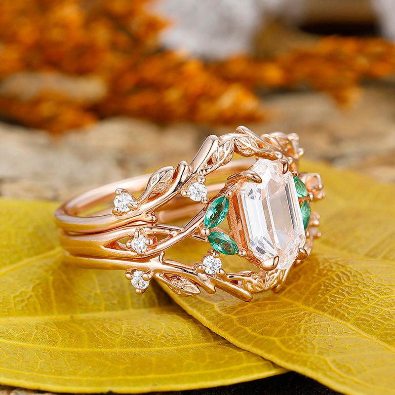 Antique Long Hexagon Cut 14k Rose Gold twisted branch leaf stacking Moissanite Engagement Ring set - Esdomera