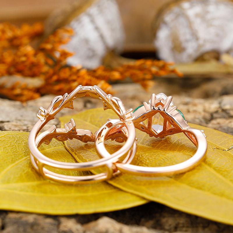 Antique Long Hexagon Cut 14k Rose Gold twisted branch leaf stacking Moissanite Engagement Ring set - Esdomera