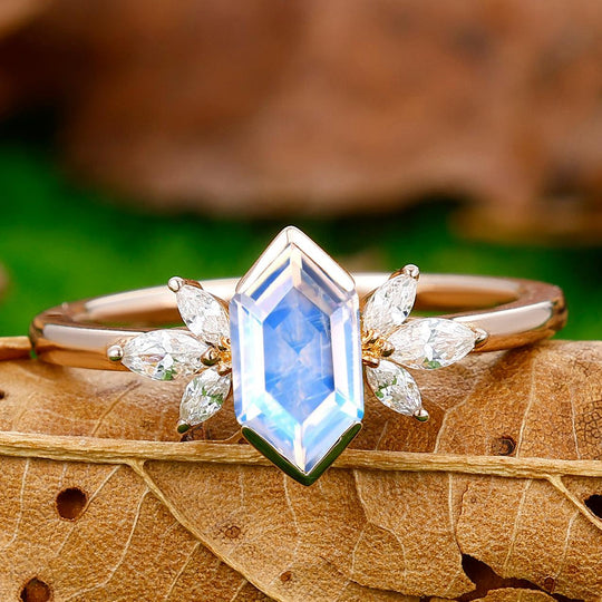 Antique Long Hexagon Cut Moonstone Ring Marquise Moissanite Inlay Women Ring - Esdomera