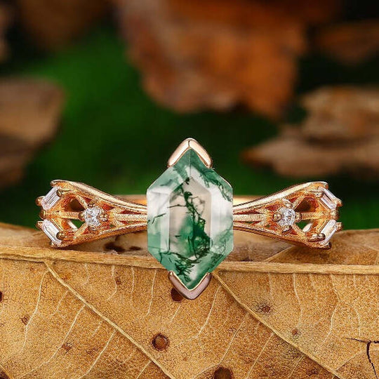 Antique Long Hexagon Shaped Moss Agate Ring Dainty Moissanite Cluster Wedding Promise Ring