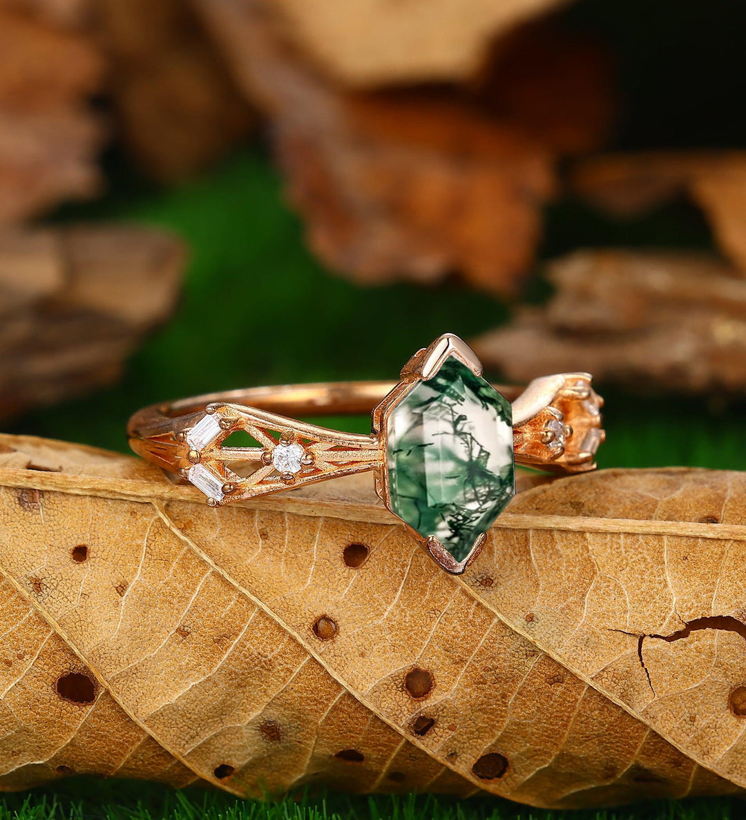 Antique Long Hexagon Shaped Moss Agate Ring Dainty Moissanite Cluster Wedding Promise Ring - Esdomera