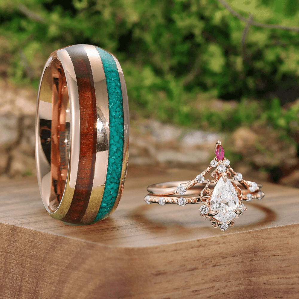 Antique Moissanite Vine Promise His and Hers Set Wood Tungsten Engagement Couple Rings For Wedding Gift - Esdomera