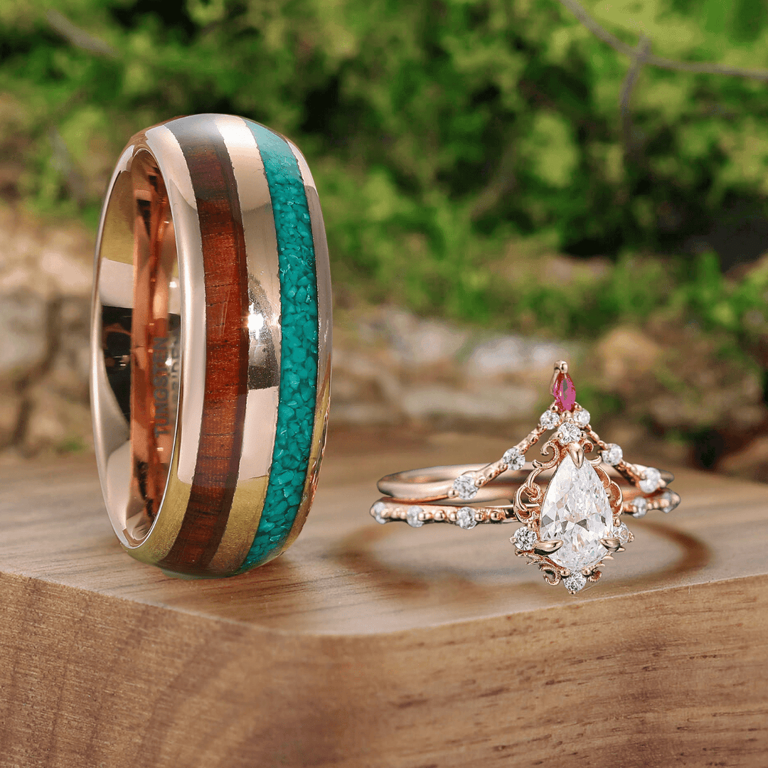 Antique Moissanite Vine Promise His and Hers Set Wood Tungsten Engagement Couple Rings For Wedding Gift - Esdomera