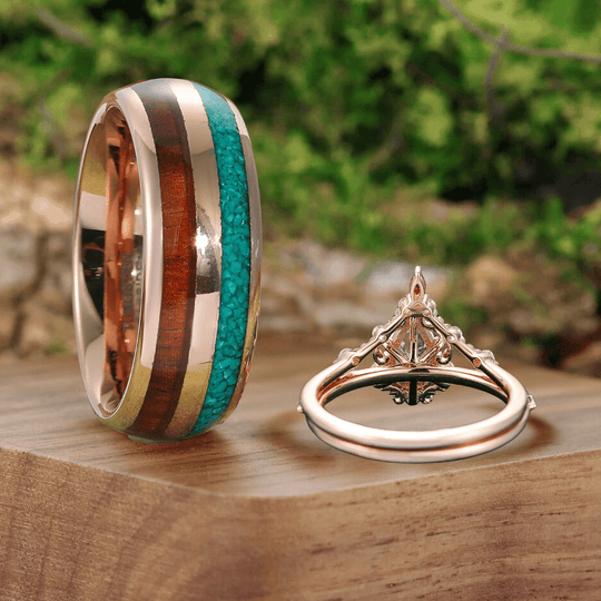 Antique Moissanite Vine Promise His and Hers Set Wood Tungsten Engagement Couple Rings For Wedding Gift - Esdomera