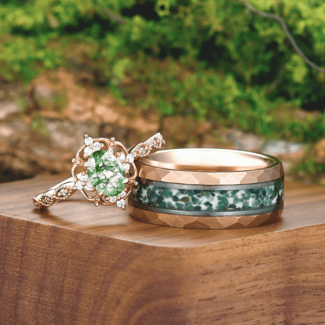 Antique Natural Moss Agate Floral Ring Matching Hammered Tungsten Couples Ring Set - Esdomera