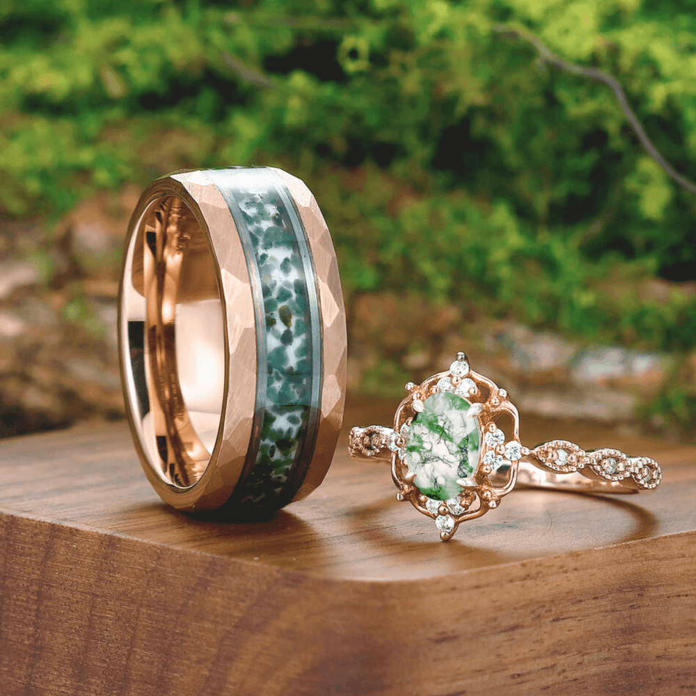 Antique Natural Moss Agate Floral Ring Matching Hammered Tungsten Couples Ring Set - Esdomera