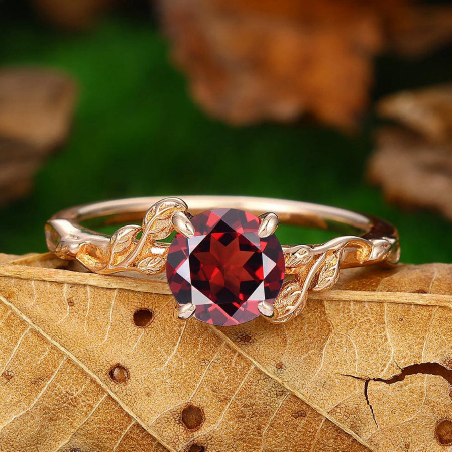 Antique Nature Inspired 1.25 CT Round Cut 14k Gold Red Garnet Leaf Ring - Esdomera