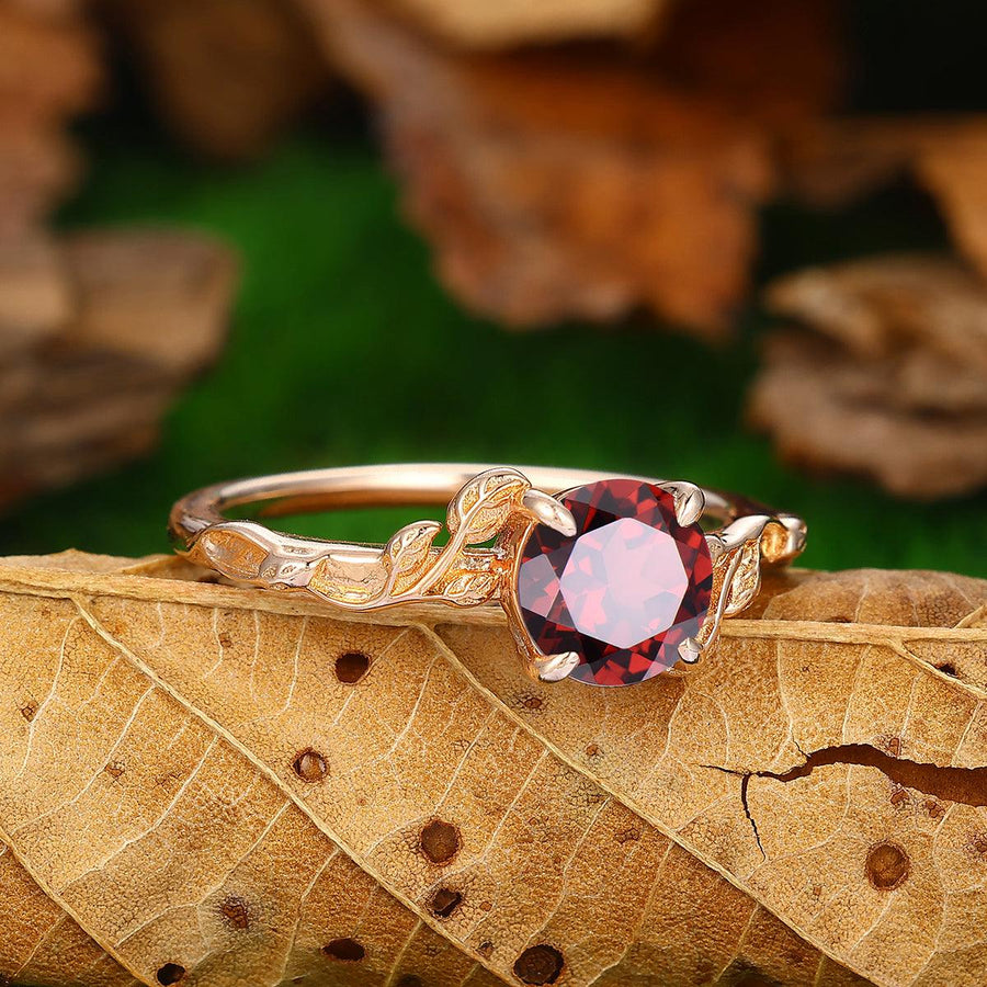 Antique Nature Inspired 1.25 CT Round Cut 14k Gold Red Garnet Leaf Ring - Esdomera