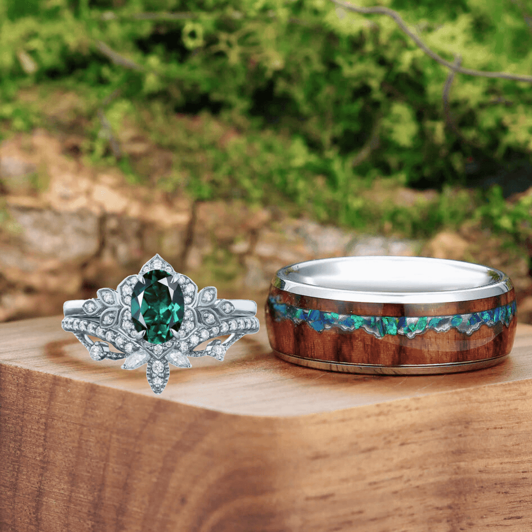 Antique Oval Cut Emerald Art Deco Milgrain Moissanite Floral Couples Ring Set Wood Tungsten Matching Ring - Esdomera