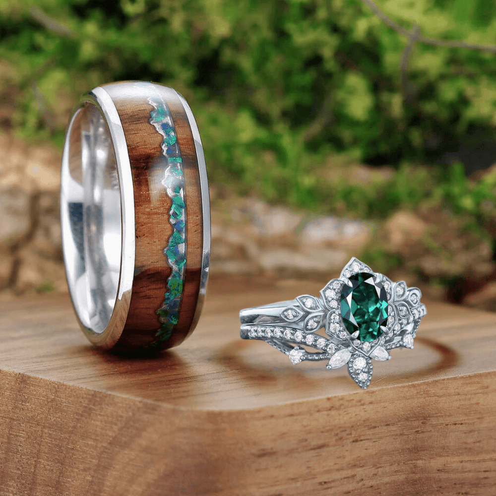 Antique Oval Cut Emerald Art Deco Milgrain Moissanite Floral Couples Ring Set Wood Tungsten Matching Ring - Esdomera