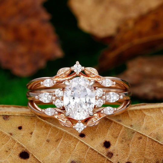 Antique Oval Cut Moissanite Engagement Ring Set Dainty Leaf Stacking Matching Ring Rose Gold - Esdomera