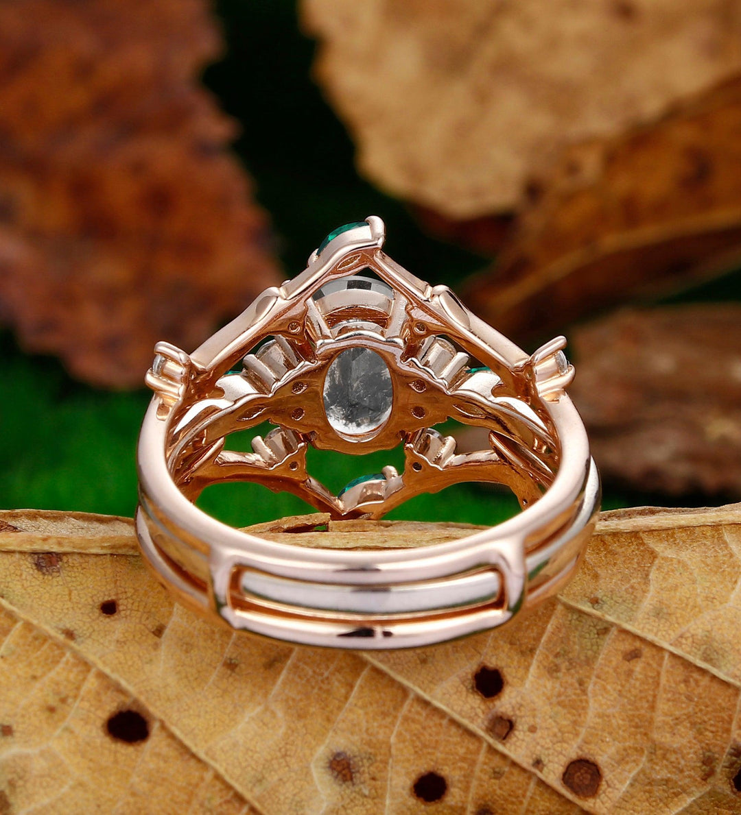 Antique Oval Shaped Herkimer Diamond Leaf Branch Emerald Enhancer Wedding Ring Set - Esdomera