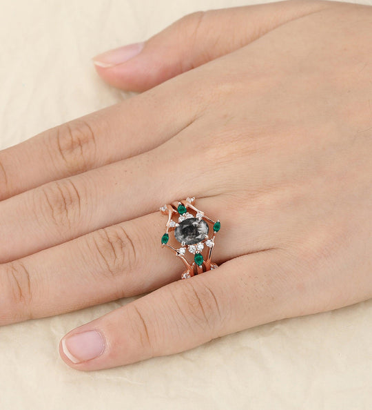 Antique Oval Shaped Herkimer Diamond Leaf Branch Emerald Enhancer Wedding Ring Set - Esdomera