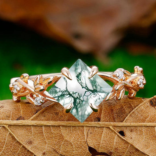 Antique Princess Cut Natural Moss Agate EngagementRing Leaf Shape Anniversary Bridal Ring - Esdomera