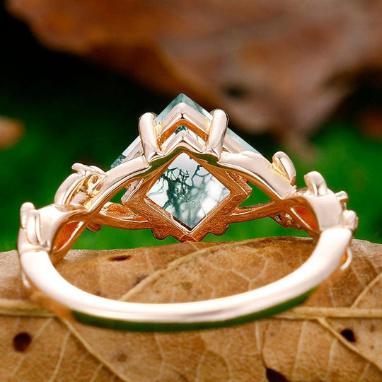 Antique Princess Cut Natural Moss Agate EngagementRing Leaf Shape Anniversary Bridal Ring - Esdomera