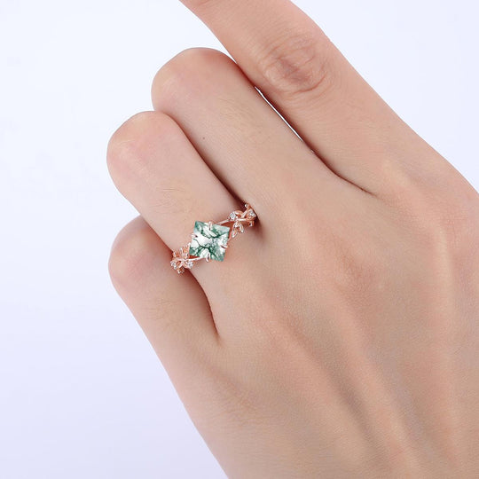 Antique Princess Cut Natural Moss Agate EngagementRing Leaf Shape Anniversary Bridal Ring - Esdomera