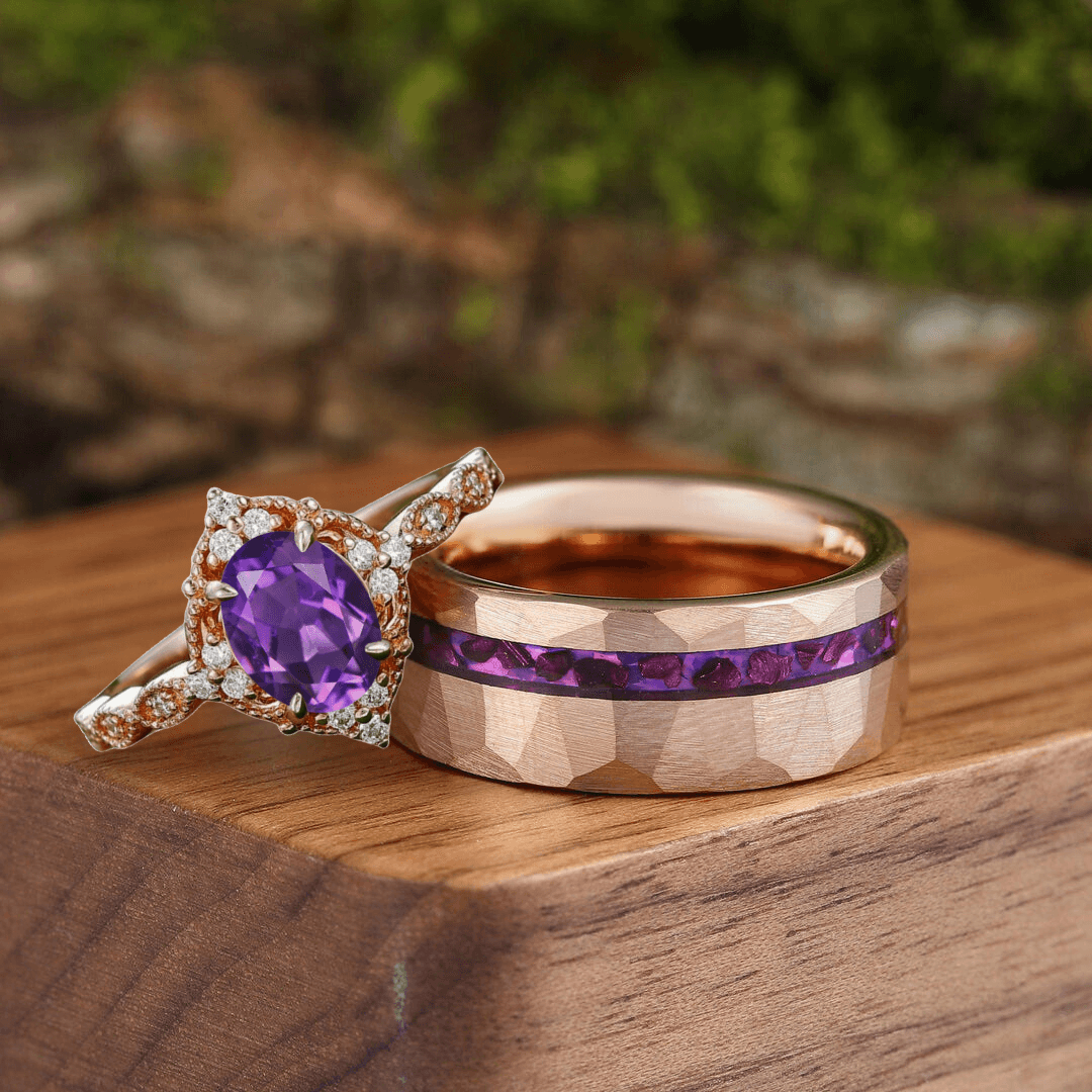 Antique Prongs Oval Natural Amethyst Engagement His and Hers Wedding Band Matching Tungsten Couples Ring Set - Esdomera