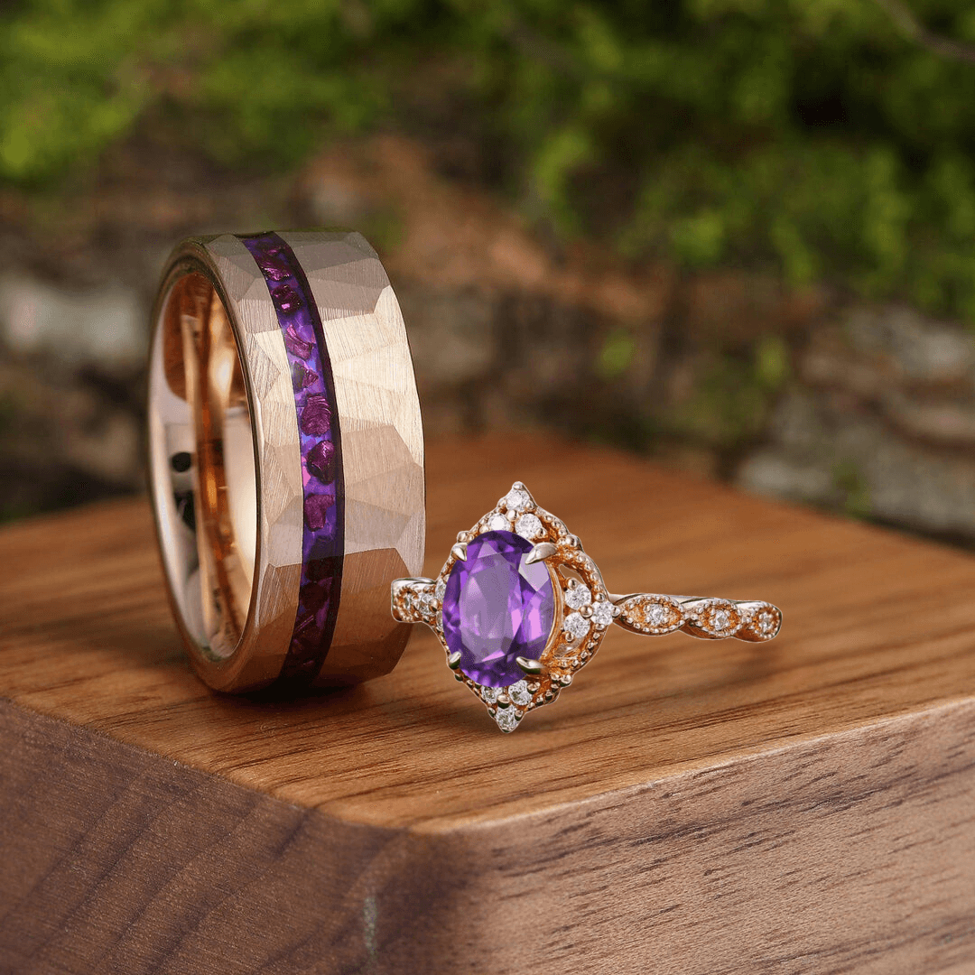 Antique Prongs Oval Natural Amethyst Engagement His and Hers Wedding Band Matching Tungsten Couples Ring Set - Esdomera