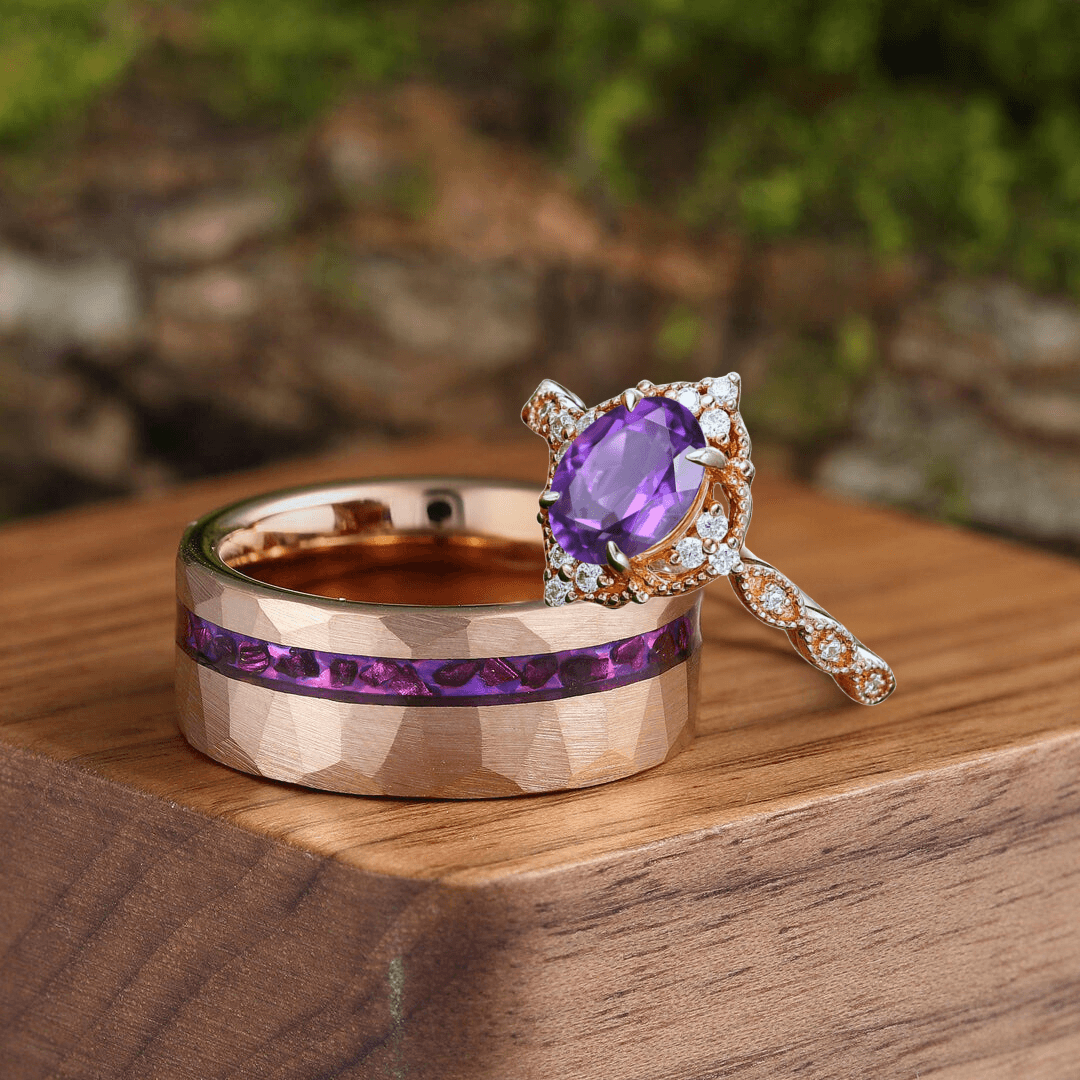 Antique Prongs Oval Natural Amethyst Engagement His and Hers Wedding Band Matching Tungsten Couples Ring Set - Esdomera