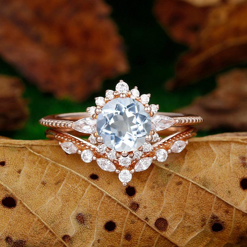 Antique Round Shaped 14k Rose Gold Aquamarine floral halo Milgrain Design Ring - Esdomera