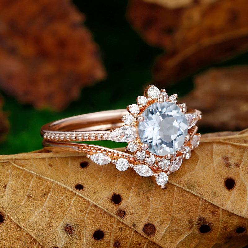Antique Round Shaped 14k Rose Gold Aquamarine floral halo Milgrain Design Ring - Esdomera
