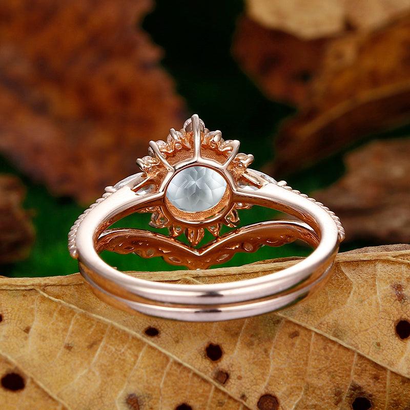 Antique Round Shaped 14k Rose Gold Aquamarine floral halo Milgrain Design Ring - Esdomera