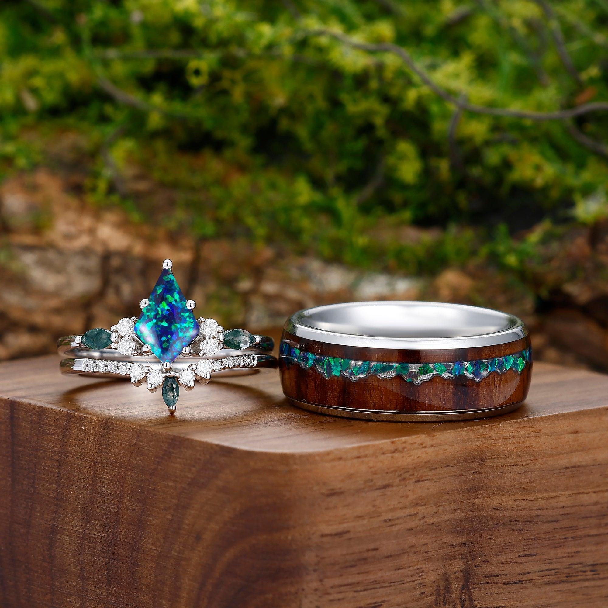 Art Deco 1.35CT Peacock Green Engagement Tungsten Matching Couple