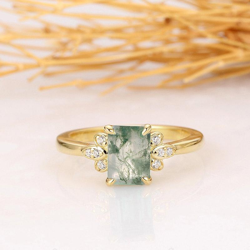 Art Deco 1ct Emerald Cut 14K Solid GoldNatural Moss Agate Engagement Ring - Esdomera