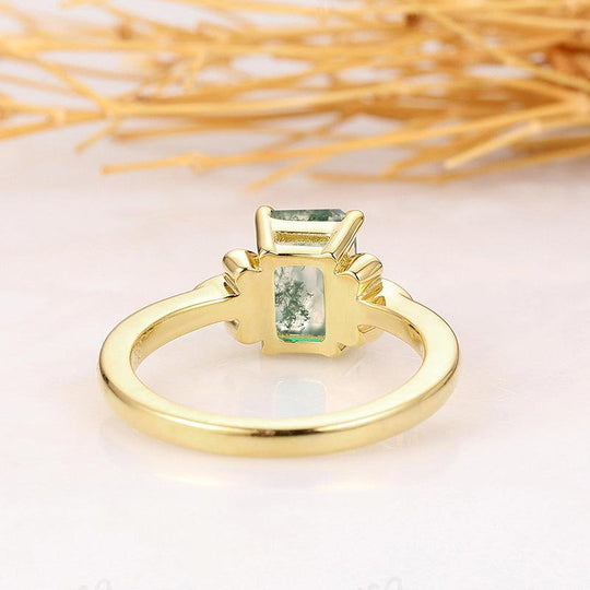 Art Deco 1ct Emerald Cut 14K Solid GoldNatural Moss Agate Engagement Ring - Esdomera