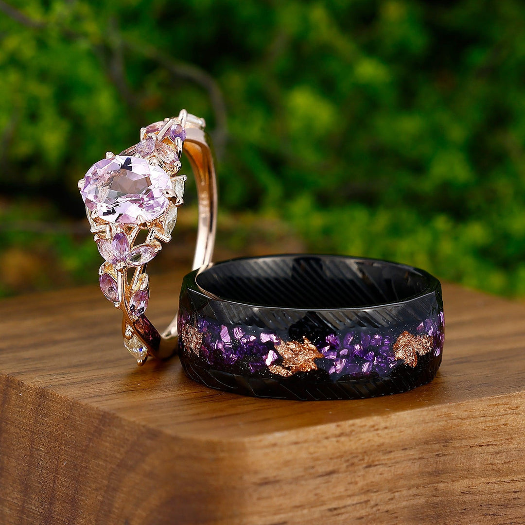 Art Deco 925 Sliver Amethyst Cluster Amethyst Galaxy Sandstone His and Hers Wedding Band - Esdomera