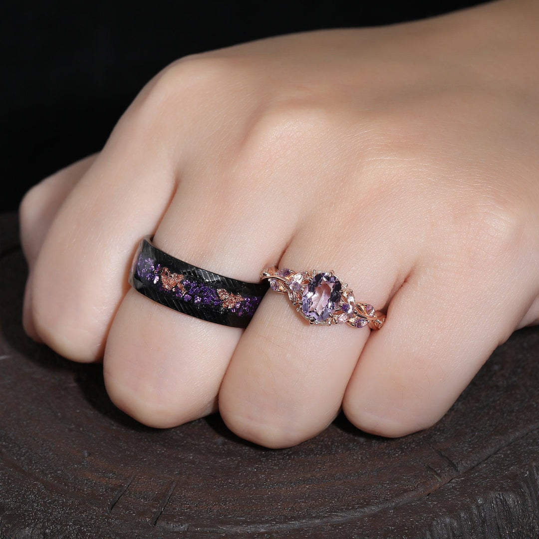 Art Deco 925 Sliver Amethyst Cluster Amethyst Galaxy Sandstone His and Hers Wedding Band - Esdomera