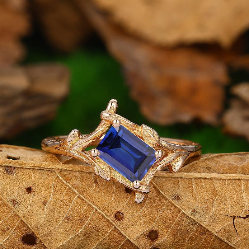 Art Deco Emerald Cut Sapphire Engagement Ring14k Soilld Gold Branch Design - Esdomera