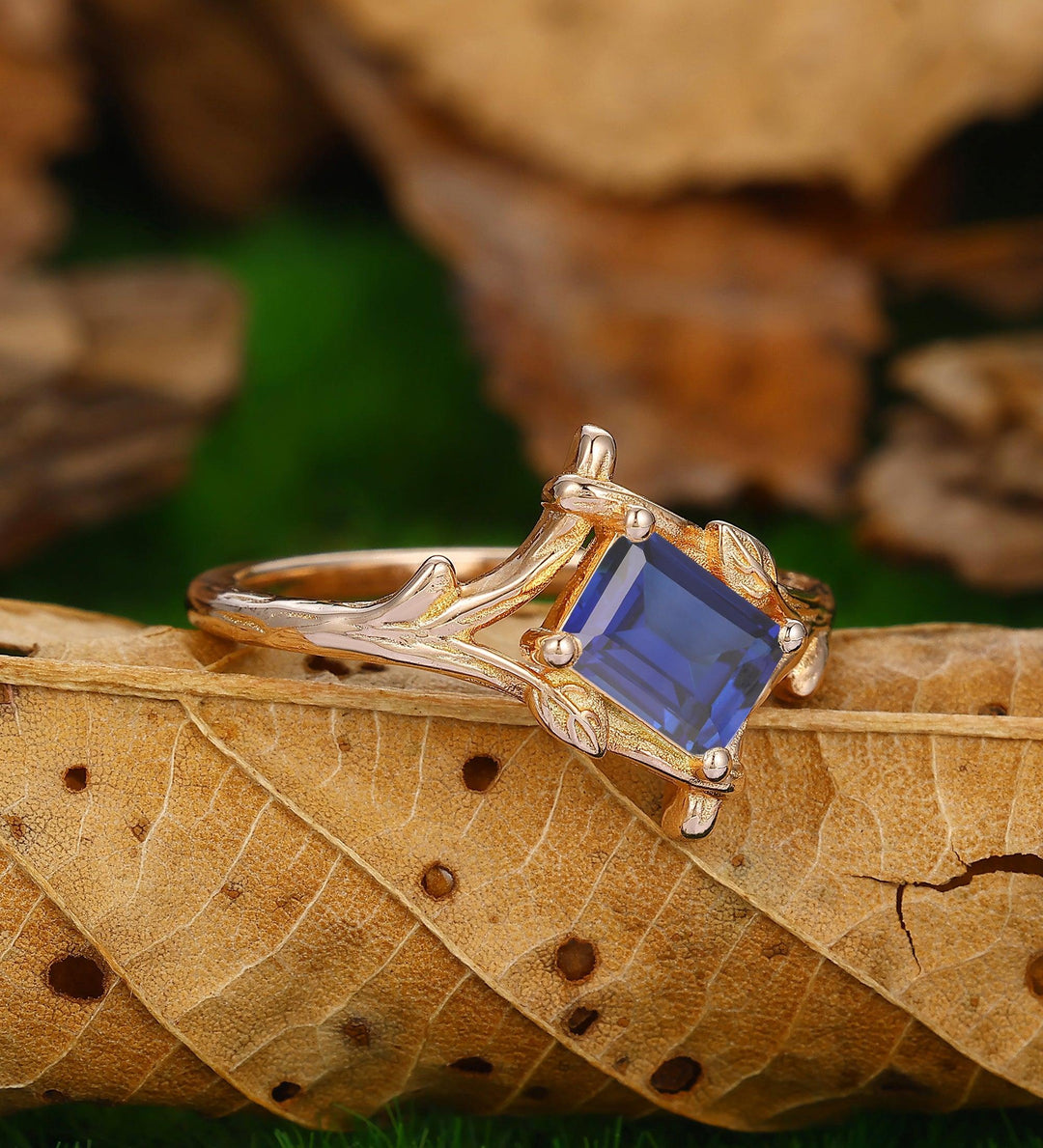 Art Deco Emerald Cut Sapphire Engagement Ring14k Soilld Gold Branch Design - Esdomera