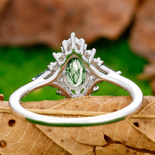 Art Deco Floral Cluster 0.8CT Oval Cut Moss Agate Engagement Ring For Women Gift - Esdomera