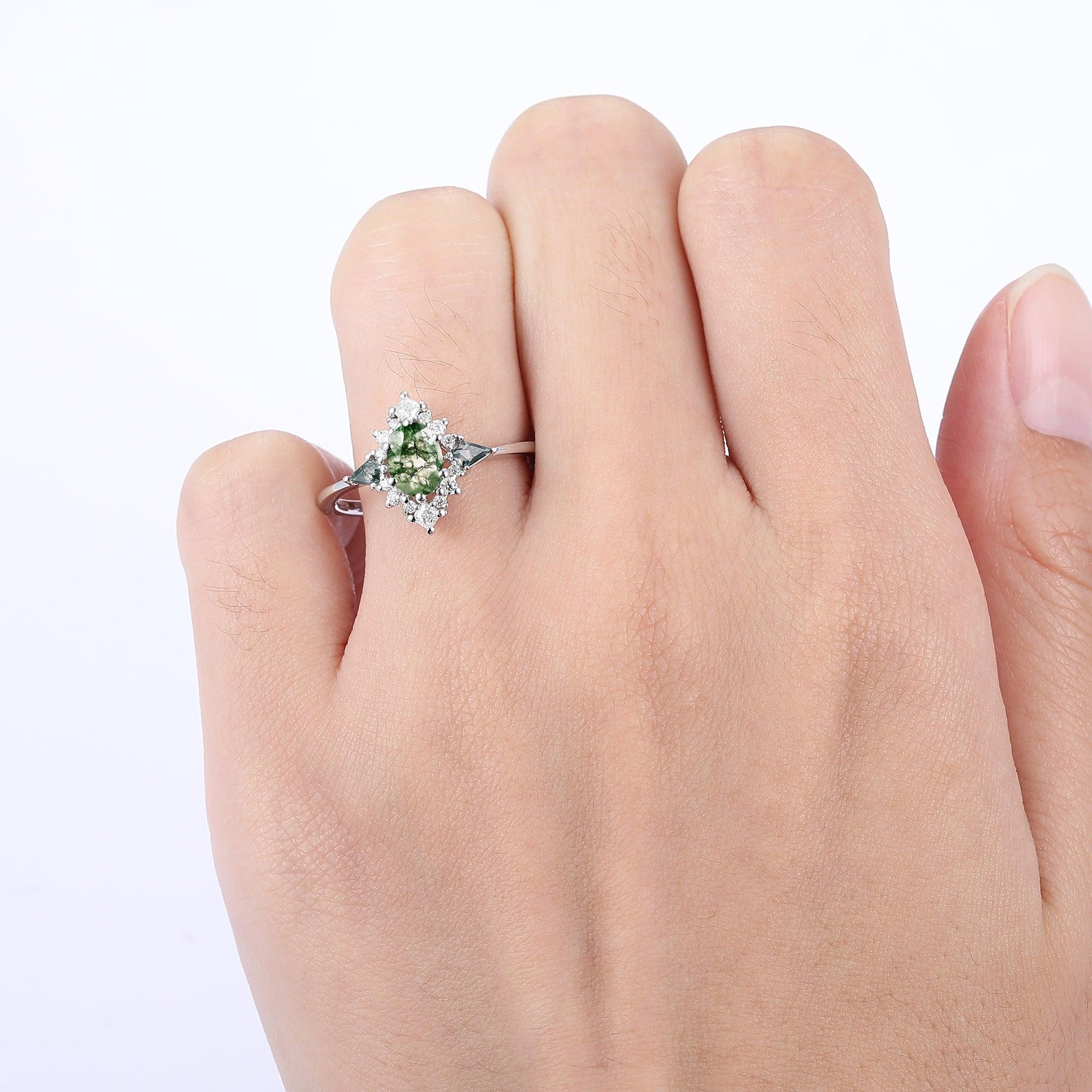 Art Deco Floral Cluster 0.8CT Oval Cut Moss Agate Engagement Ring