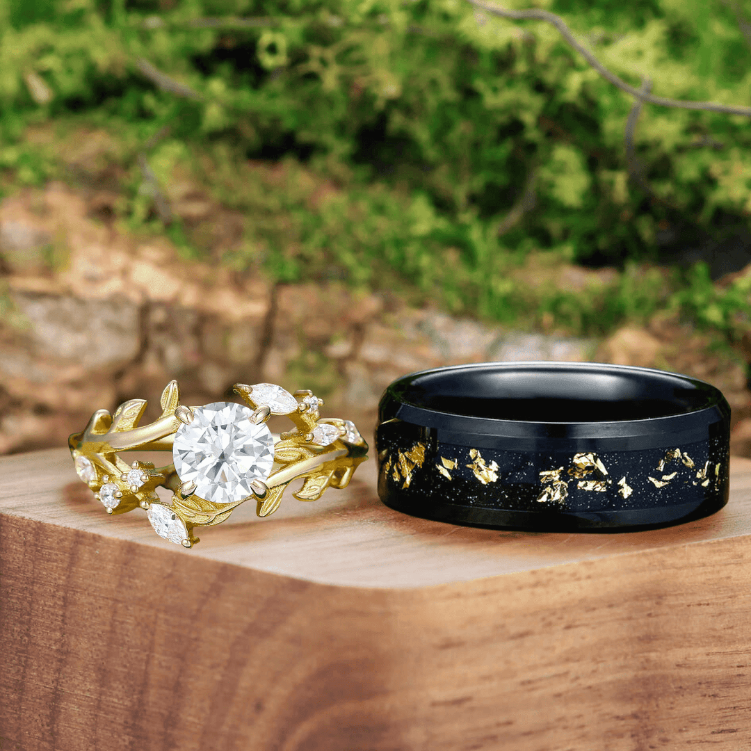 Art Deco Floral Leaf Moissanite Engagement His and Hers Wedding