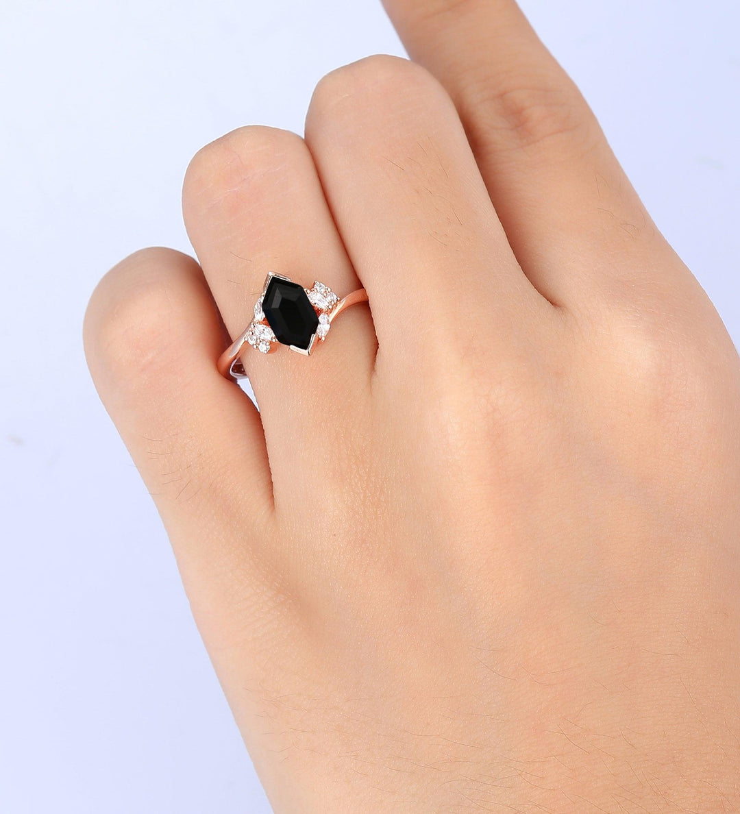 Art Deco Hexagon Cut Natural Black Onyx Engagement Ring Unique Moissanite Cluster Wedding Ring - Esdomera
