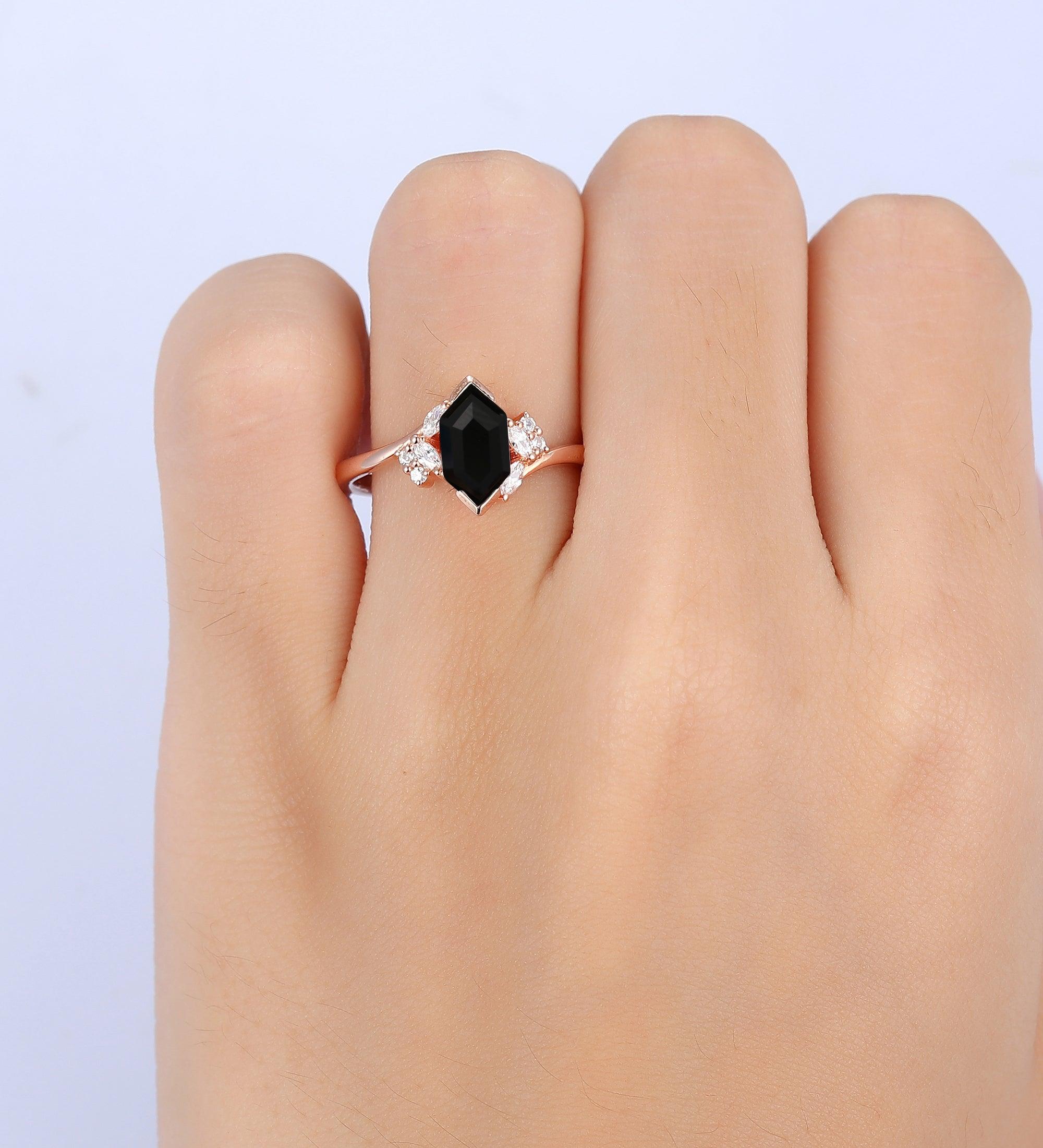 Custom order- Sterling Silver Ring, Long Hexagon offers Cut 5x9mm Black Onyx Engagement Ring, With Lab Emerald Side Stones