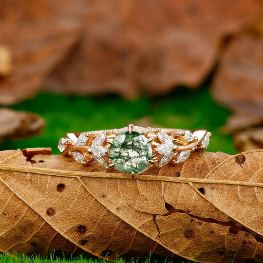 Art Deco Hollow Branches 0.8CT Round Cut Moss Agate Engagement Ring Women Birthday Ring - Esdomera