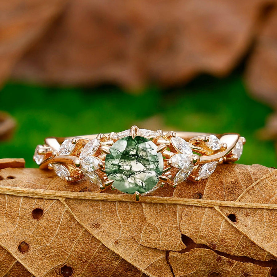 Art Deco Hollow Branches 0.8CT Round Cut Moss Agate Engagement Ring Women Birthday Ring - Esdomera