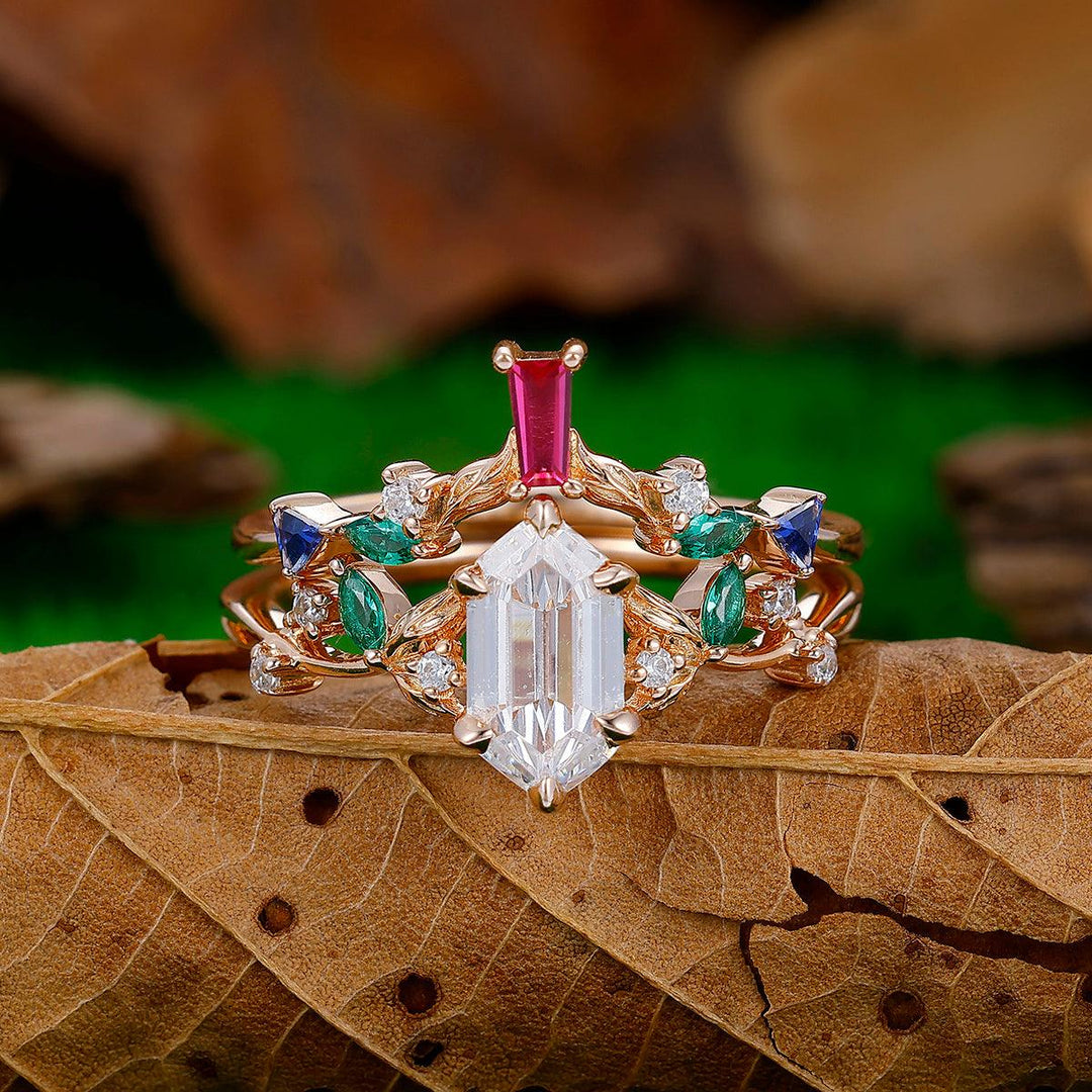 Art Deco Leaf 1.1 CT Long Hexagon Cut Moissanite Engagement Ring Set Unique Colorful Gems - Esdomera