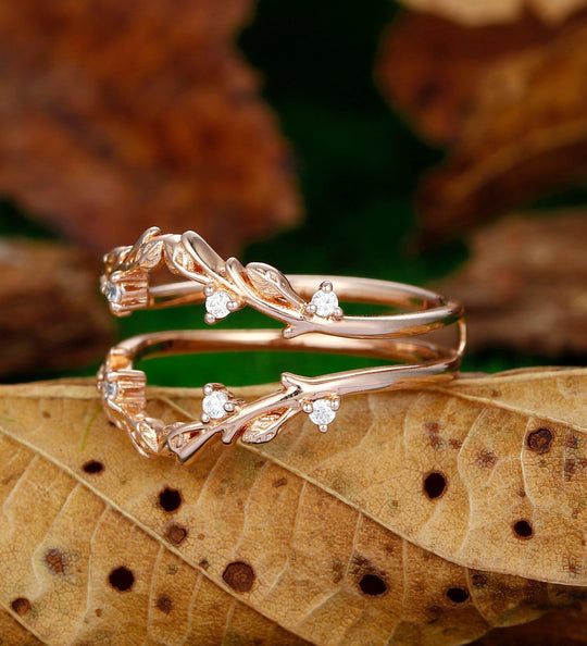 Art Deco Leaf Rose Gold Ring Matching Stacking Curved Moissanite Ring - Esdomera