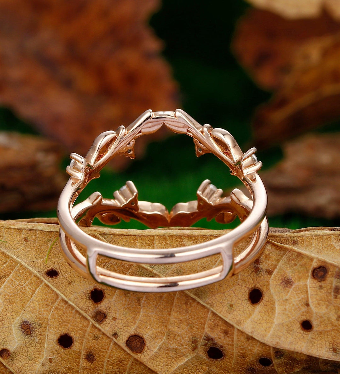 Art Deco Leaf Rose Gold Ring Matching Stacking Curved Moissanite Ring - Esdomera