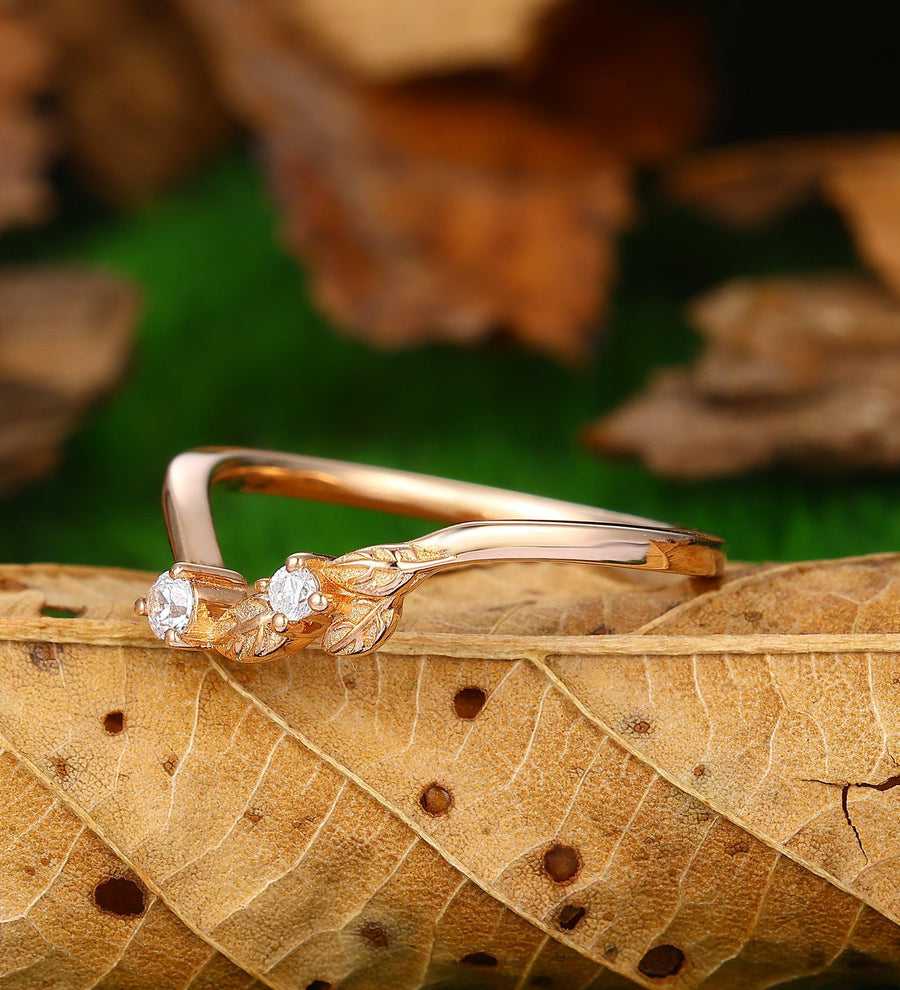 Art Deco Leaf Wedding Band Unique Moissanite Curved Wedding Band Unique Stacking Promise Ring Women - Esdomera
